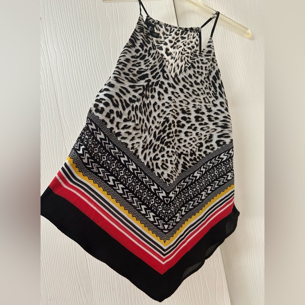 Animal Print Handkerchief Hem Cami Top in Black, White, Red & Yellow